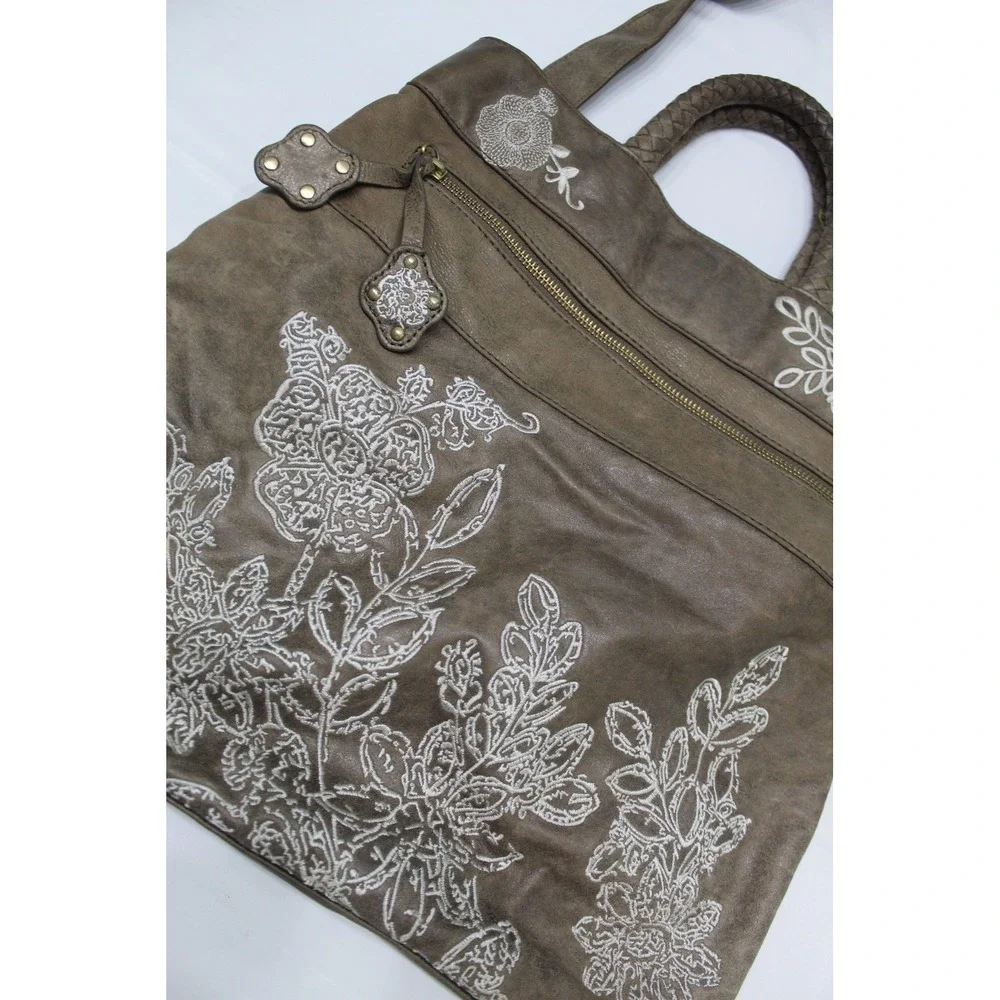 Isabella Fiore Brown Leather Embroidered Floral Tote Crossbody Bag Boho Brass